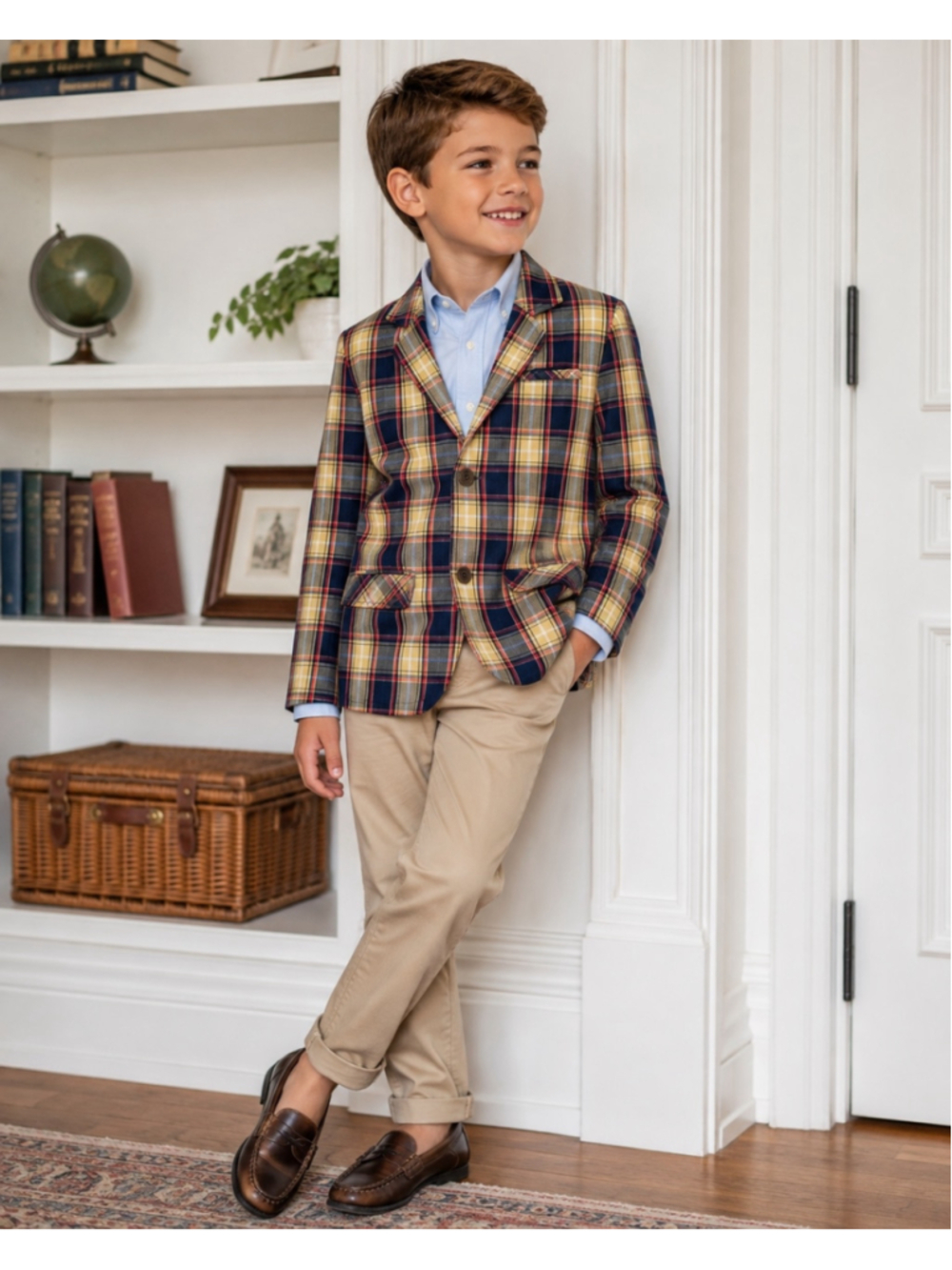 Eda Mama Plaid Blazer Jacket Boys Size 8-9 Years Navy Yellow Red Cotton Preppy